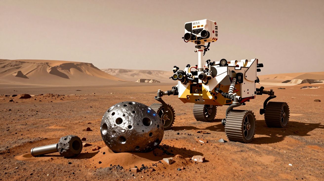 Łazik marsjański eksplorujący czerwoną, skalistą powierzchnię Marsa z dziurawymi metalowymi kulami.