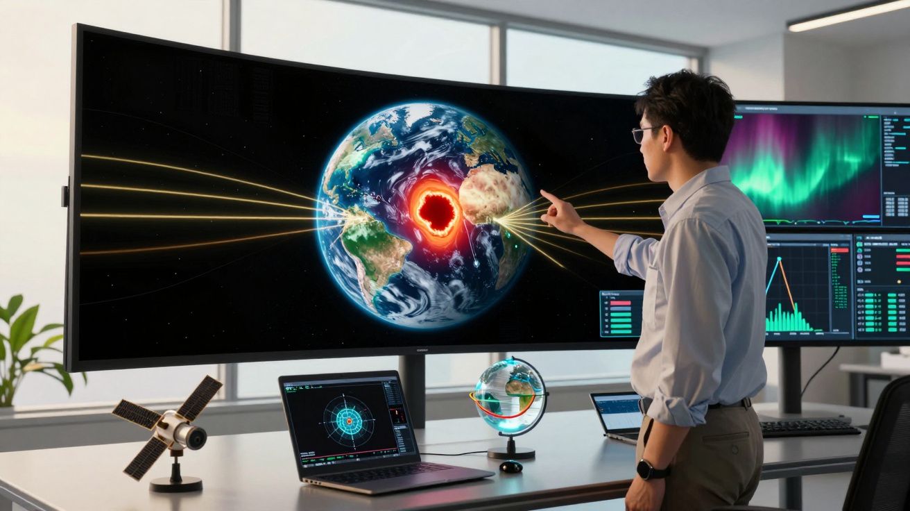 Mężczyzna analizujący dane Ziemi i zjawisk geofizycznych na dużym ekranie w nowoczesnym biurze.