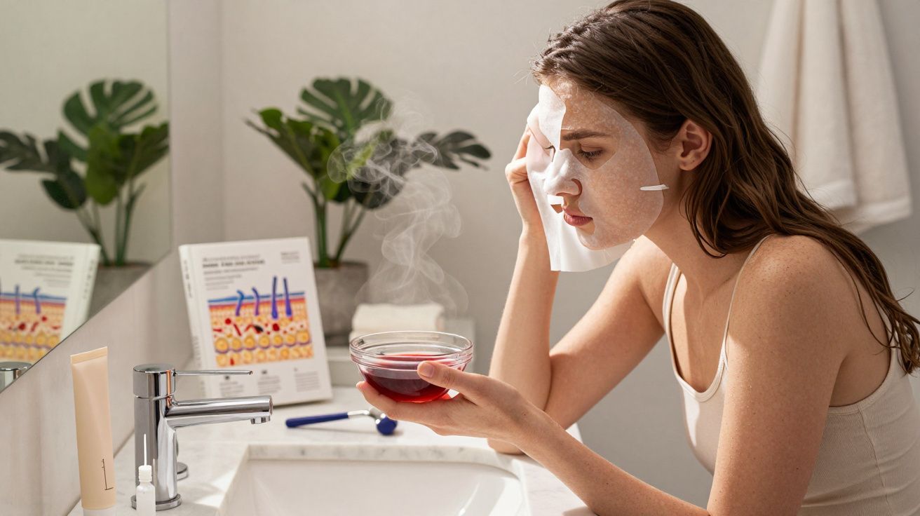 Kobieta z maseczką na twarzy trzyma miskę z parującą wodą stojącą przy umywalce w łazience.
