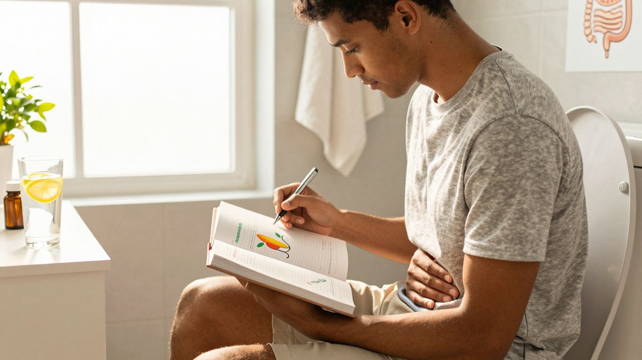 Mężczyzna siedzi na toalecie, trzyma książkę i pisze, trzymając rękę na brzuchu w łazience.