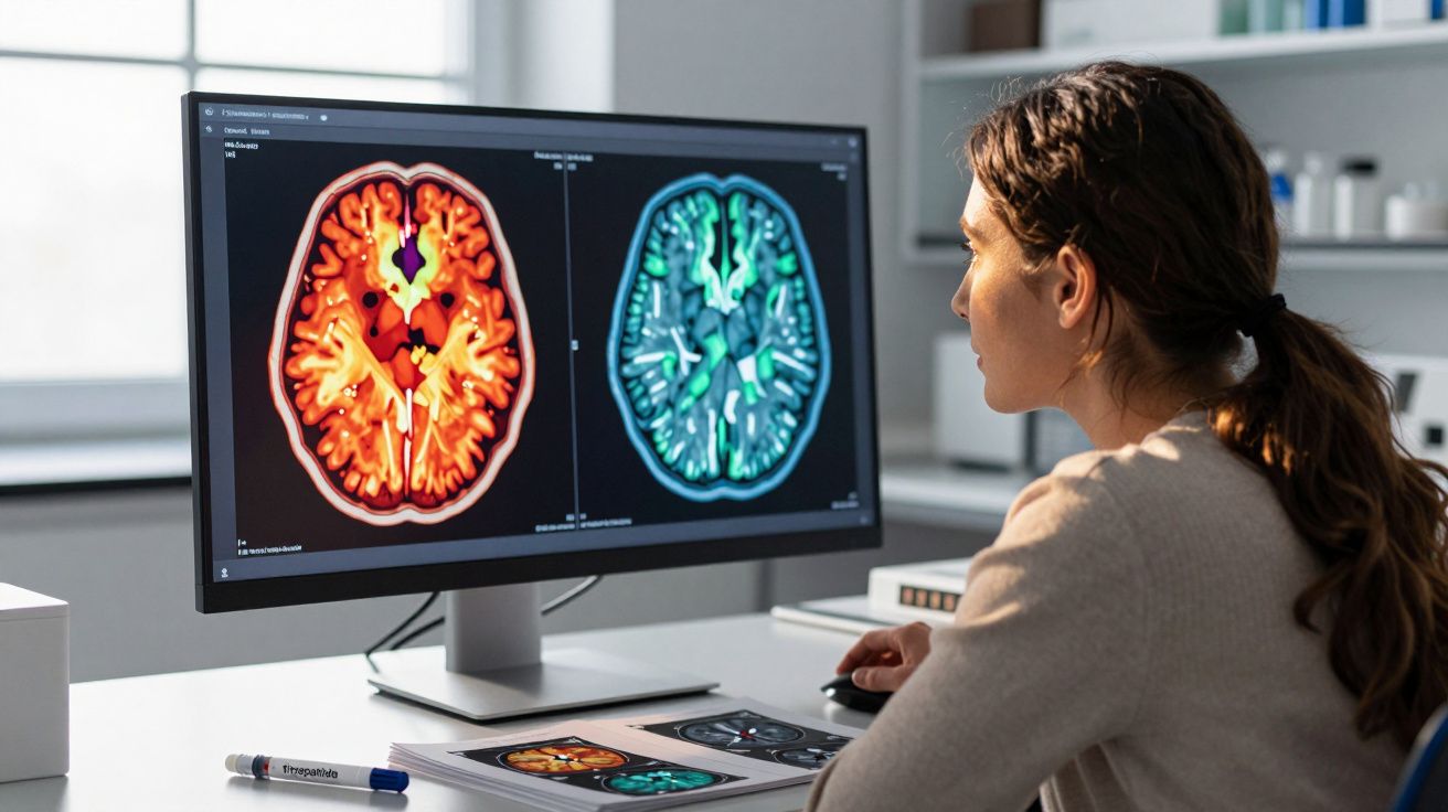 Kobieta analizująca skany mózgu na monitorze komputera w nowoczesnym laboratorium medycznym.