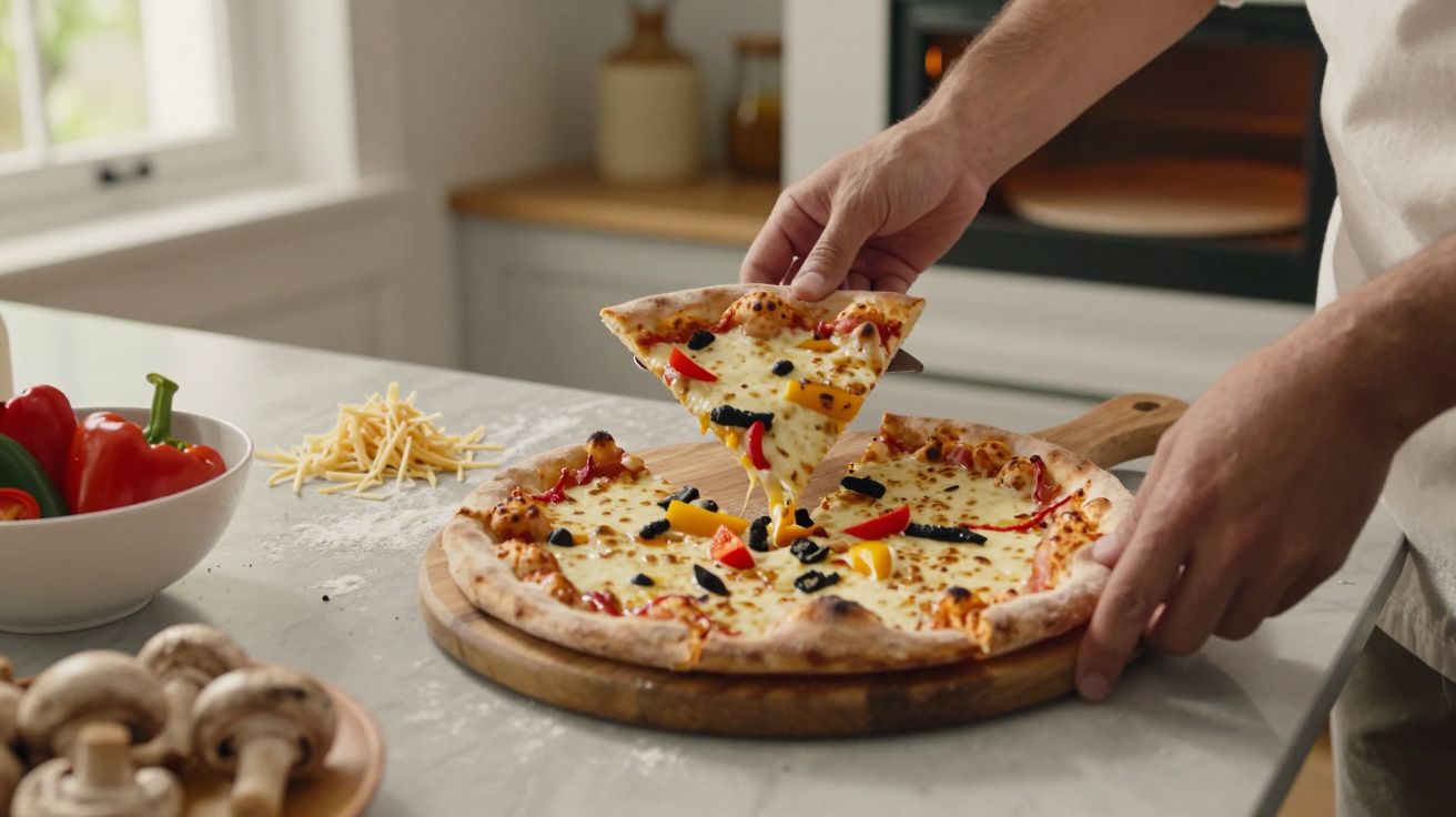 Ręka podnosi kawałek pizzy z serem, papryką i oliwkami z drewnianej deski na kuchennym blacie.