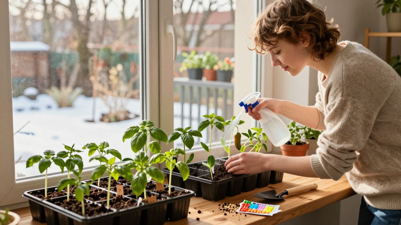 Młoda kobieta podlewa sadzonki roślin przy oknie, na stole narzędzia i opakowania z nasionami.