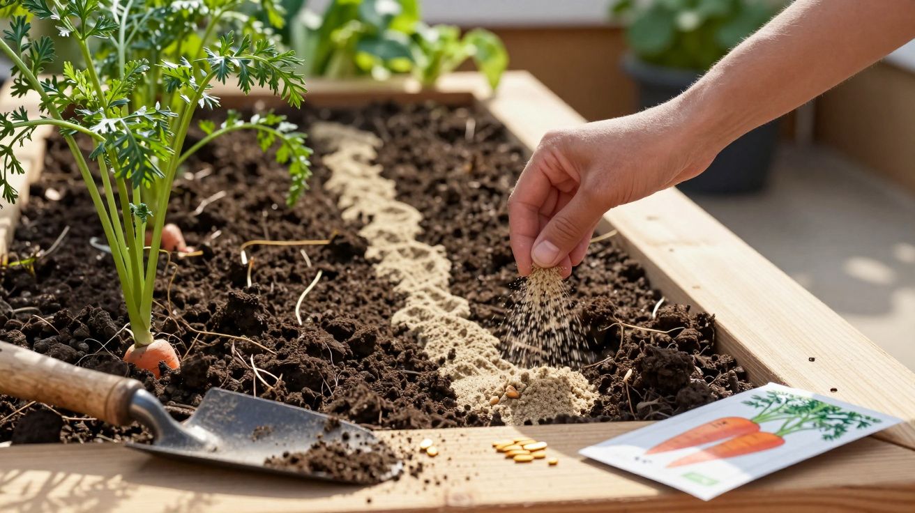 Ręka wysypuje nasiona na podwyższoną grządkę z rosnącymi marchewkami i łopatką do ogrodu.