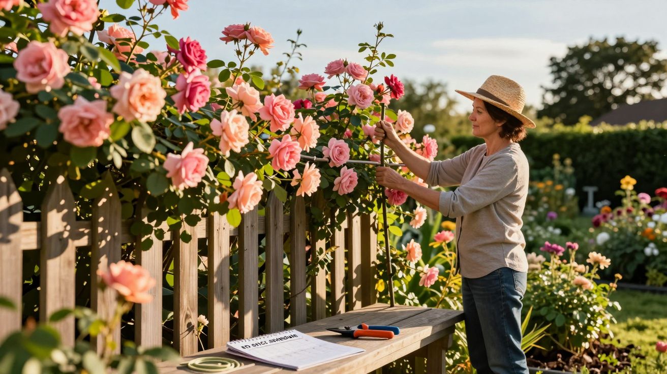 Kobieta w kapeluszu pielęgnuje pnące się róże przy drewnianym płocie w słonecznym ogrodzie.