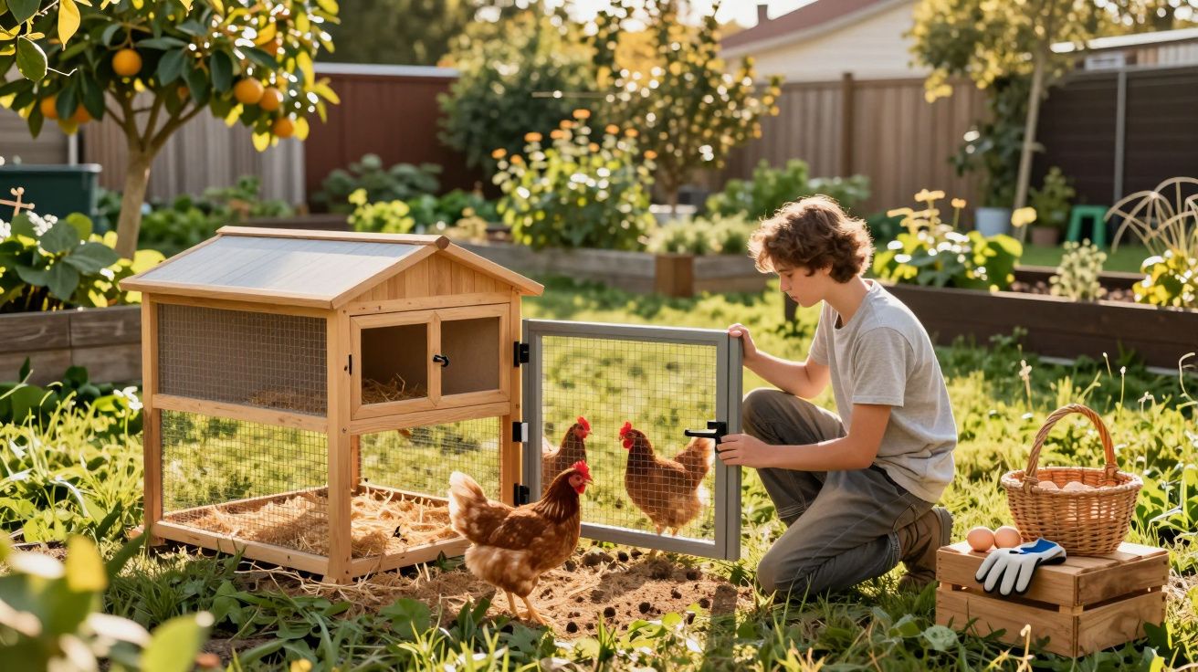 Chłopiec otwierający klatkę dla kur w słonecznym, zielonym ogrodzie z drzewem cytrusowym w tle.