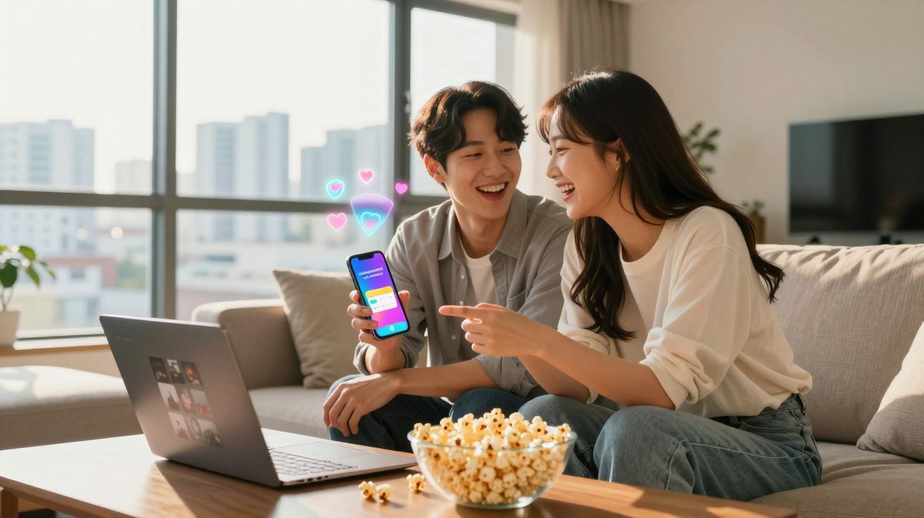 Para siedzi na kanapie i uśmiecha się do telefonu z aplikacją randkową, popcorn na stole.