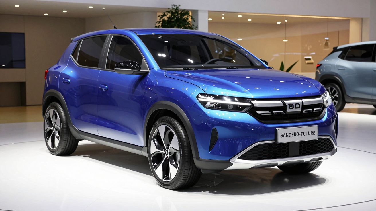 Niebieski samochód Dacia Sandero Future wystawiony na białej scenie w salonie samochodowym.