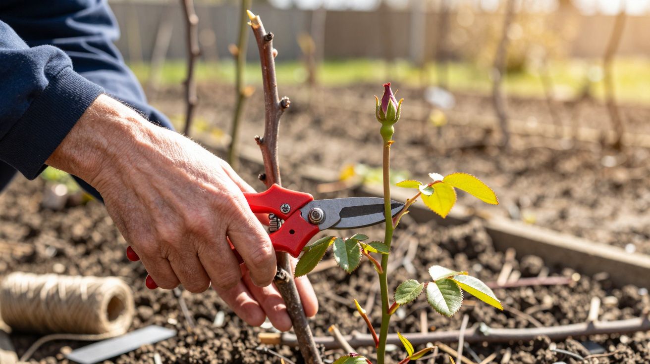 Ręka przycinająca czerwonymi nożyczkami pąk róży w ogrodzie na tle ziemi i słońca.