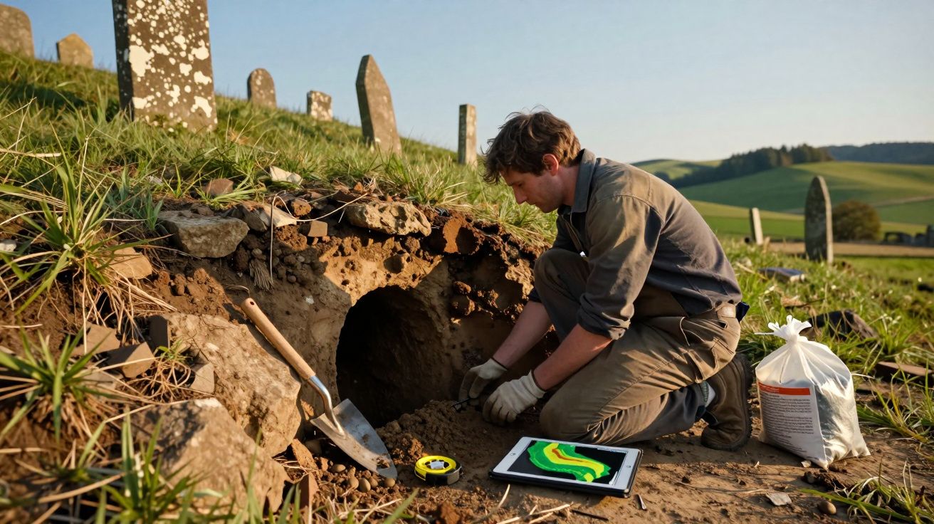 Mężczyzna kopie w ziemi obok jamy na starym cmentarzu, obok narzędzia i tablet z mapą termiczną.
