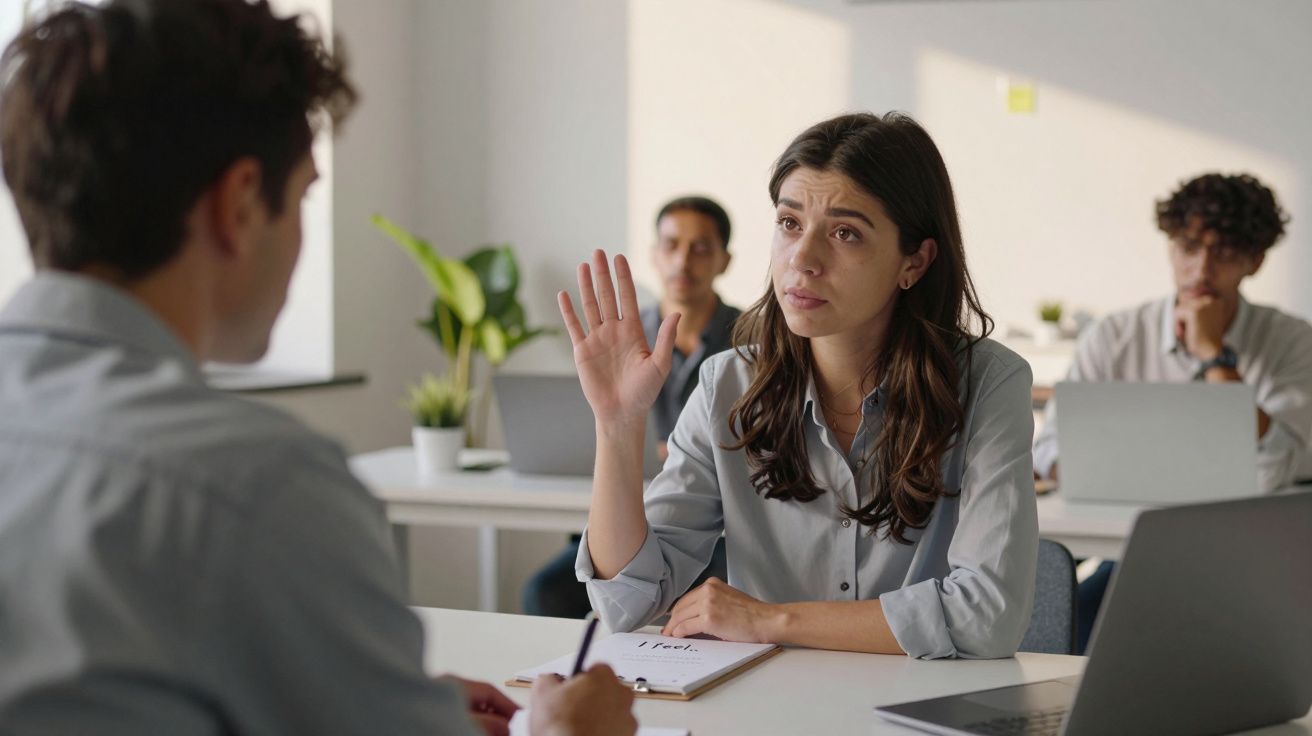 Kobieta podnosi rękę podczas spotkania w biurze, wokół niej siedzą inni pracownicy.