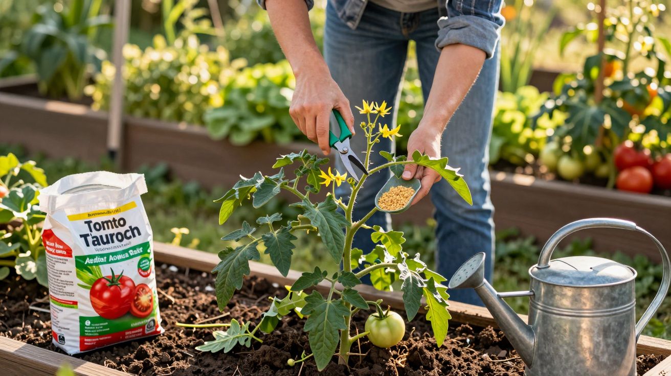 Osoba obsypuje sadzonkę pomidora nawozem ogrodniczym, obok konewka i worek z nawozem.