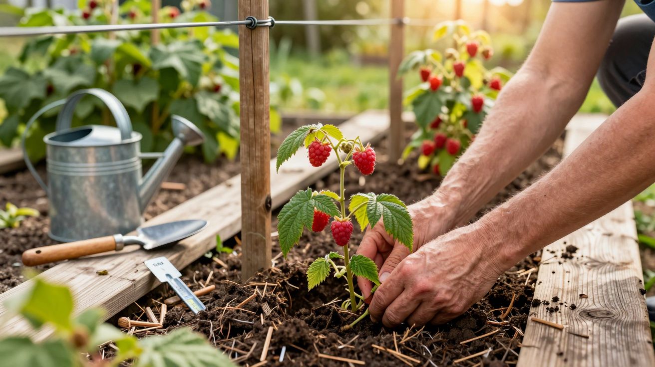 Ręce sadzące młody krzew malinowy w ogrodzie na podniesionym grządce w słoneczny dzień.
