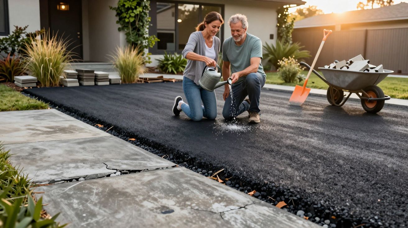 Para podlewająca świeżo położony asfalt na podjeździe przed domem o zachodzie słońca.
