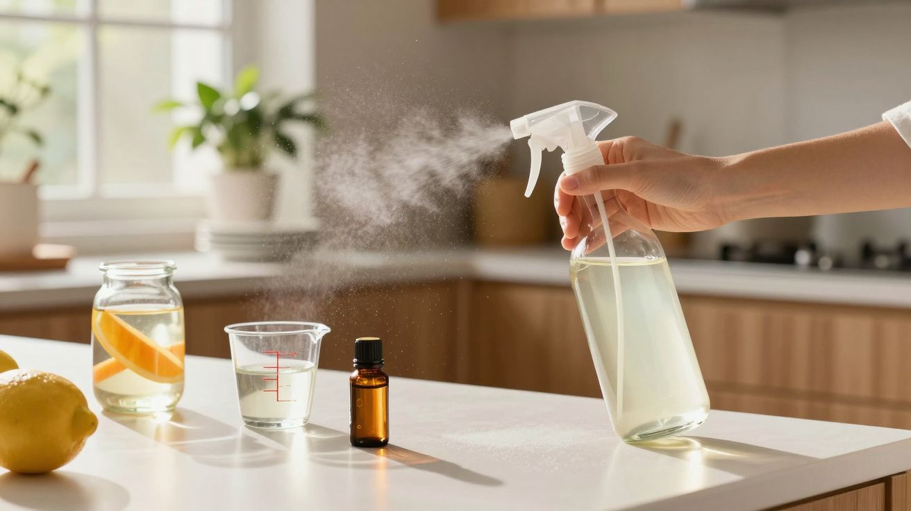 Ręka spryskująca sprayem powierzchnię kuchennego blatu z butelką, cytryną i olejem eterycznym obok.