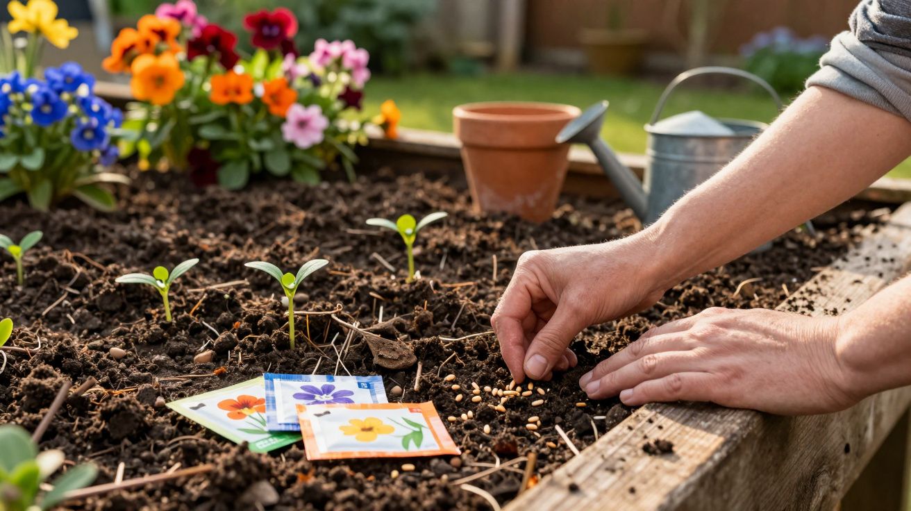 Ręce sadzące nasiona w ziemi na grządce z pakietami nasion i kwiatami w tle.
