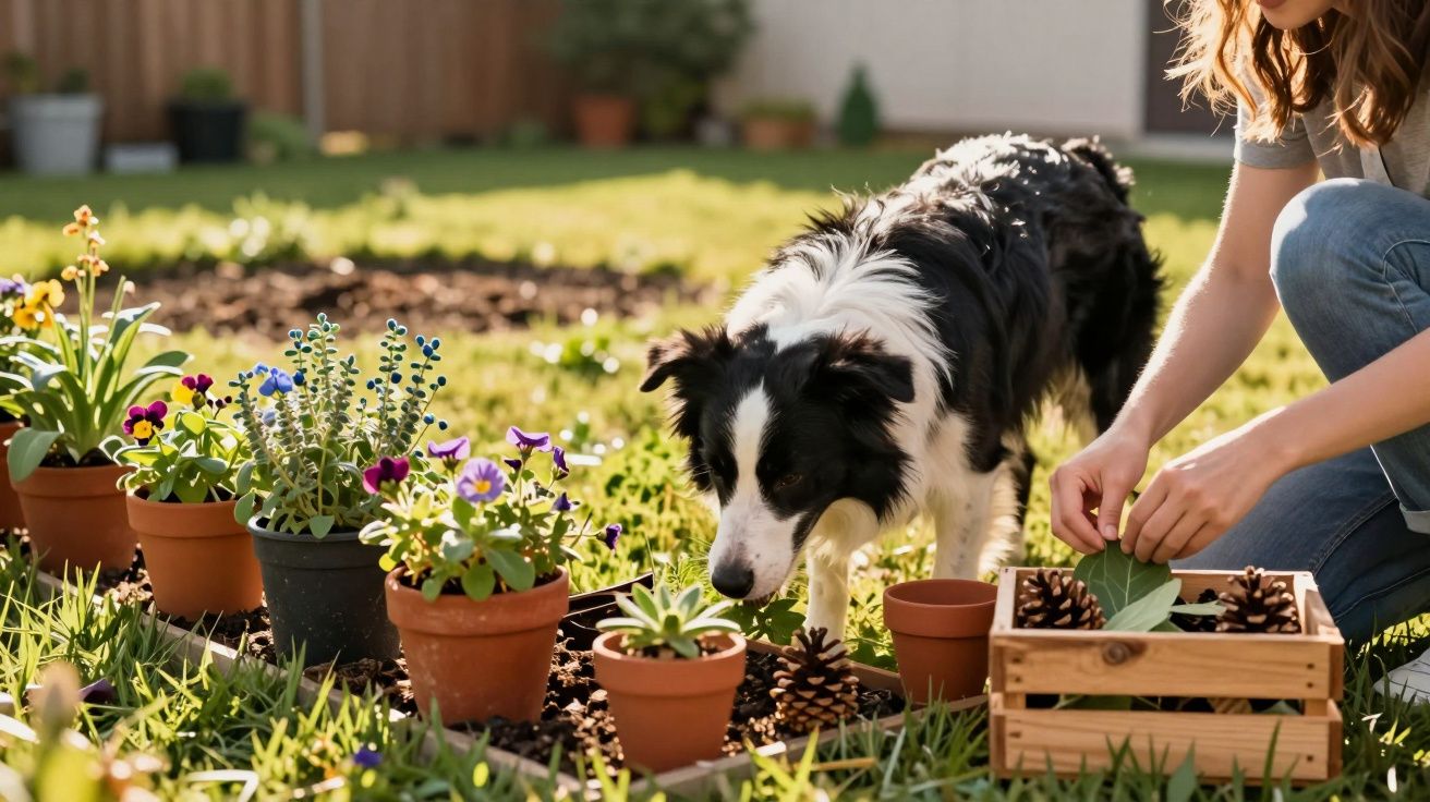 Kobieta w ogrodzie układa liście i szyszki obok psa wśród doniczek z kwiatami.