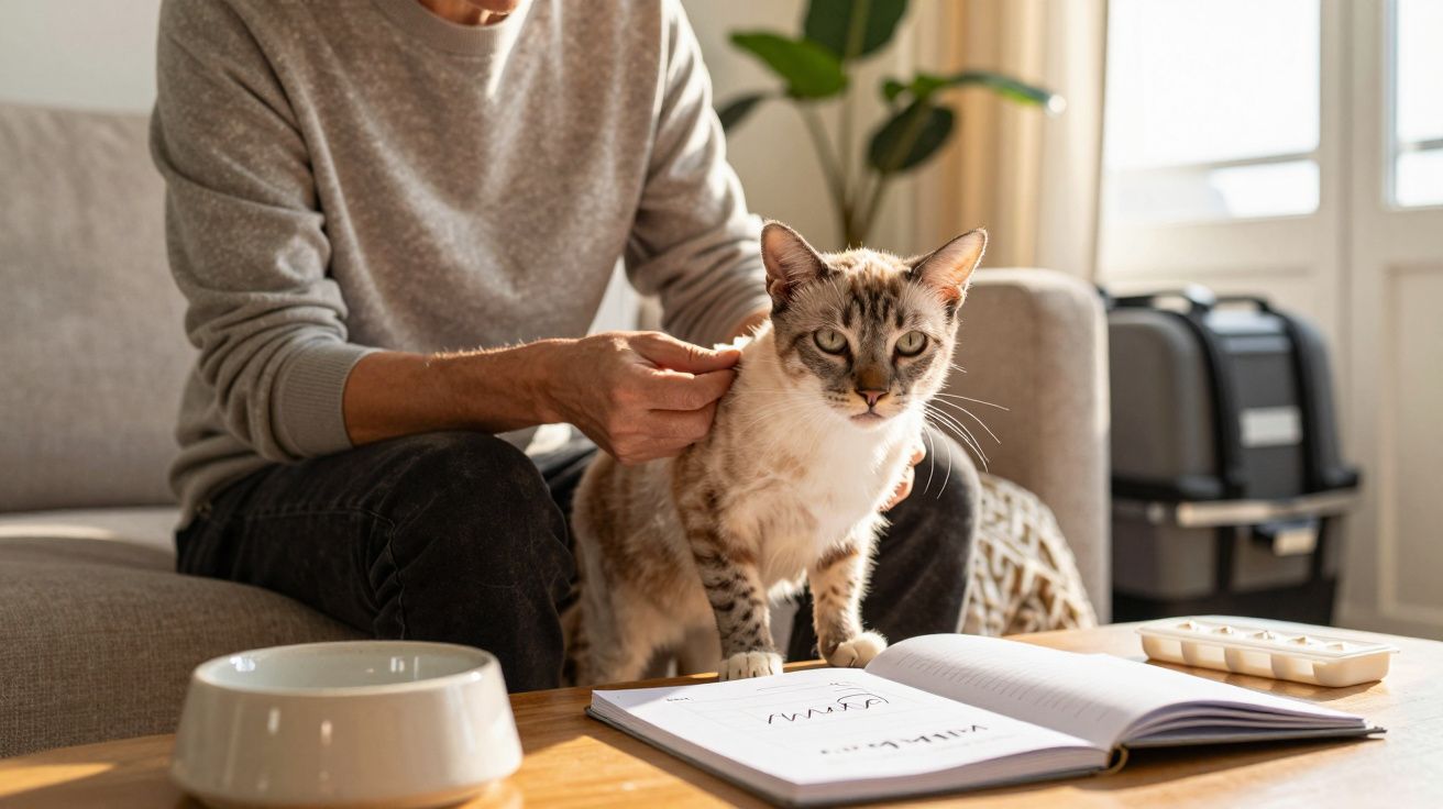 Kot na stole ob książce, obok miska, a osoba głaszcze go na kanapie w jasnym pokoju.