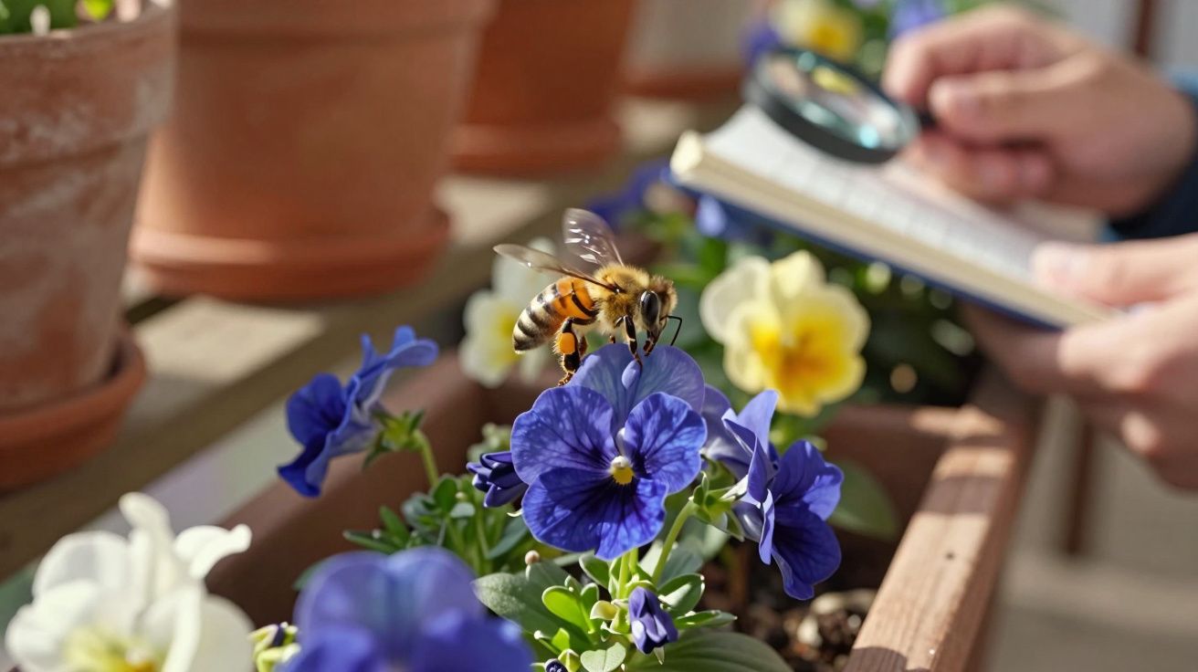 Pszczoła zbierająca nektar z fioletowego kwiatu w doniczce, w tle osoba z lupą i notesem.