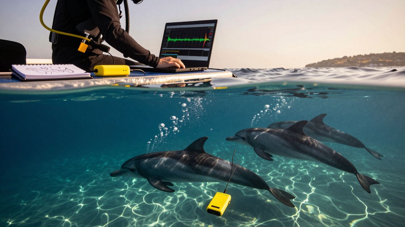 Nurek z laptopem na powierzchni wody i trzy delfiny pod wodą z przypiętym żółtym nadajnikiem.