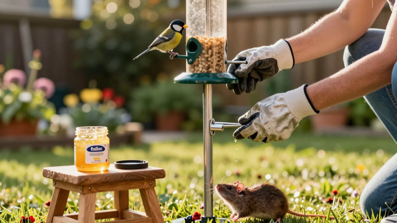 Ptak siedzący na karmniku, szczur pijący wodę, osoba w rękawicach w ogrodzie.