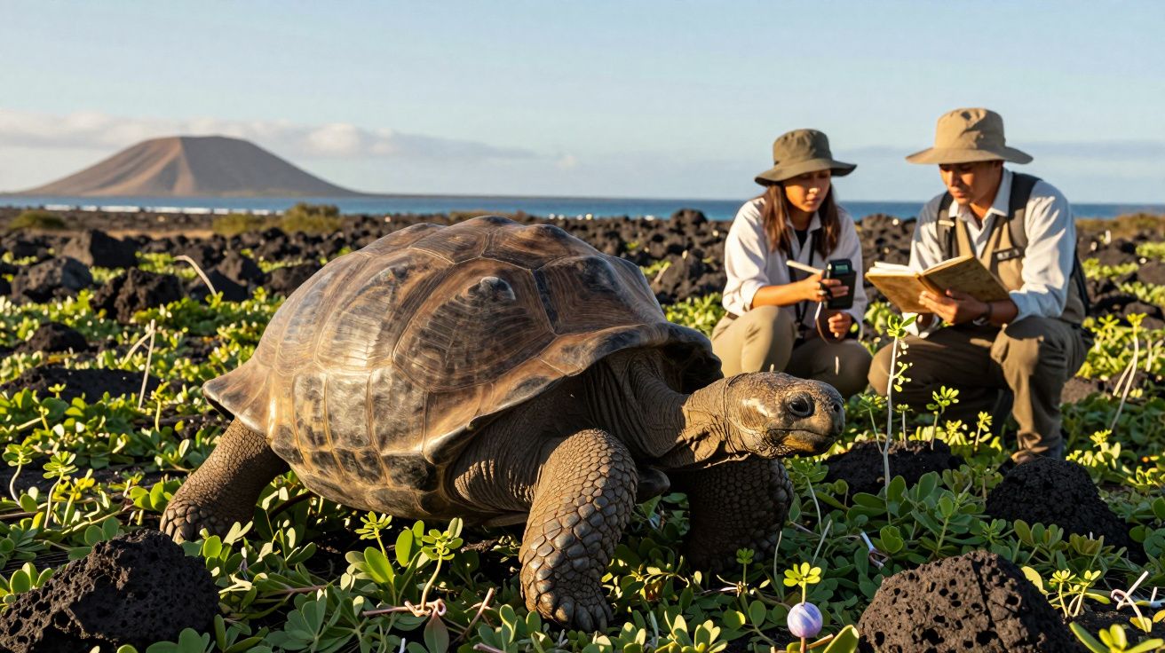 Żółw olbrzymi na zielonej łące z dwojgiem badaczy w kapeluszach i w tle wulkan.