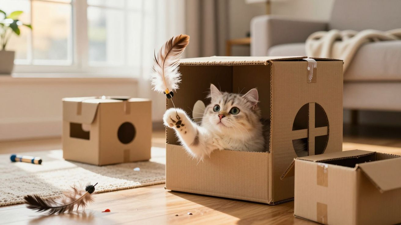 Kot bawiący się piórkiem w kartonowym pudełku na drewnianej podłodze w jasnym pokoju.