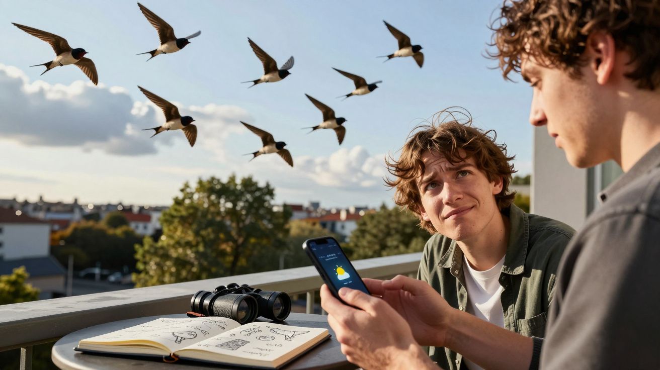 Dwaj młodzi mężczyźni na balkonie obserwują latające ptaki, jeden trzyma telefon, na stole lornetka i szkicownik.
