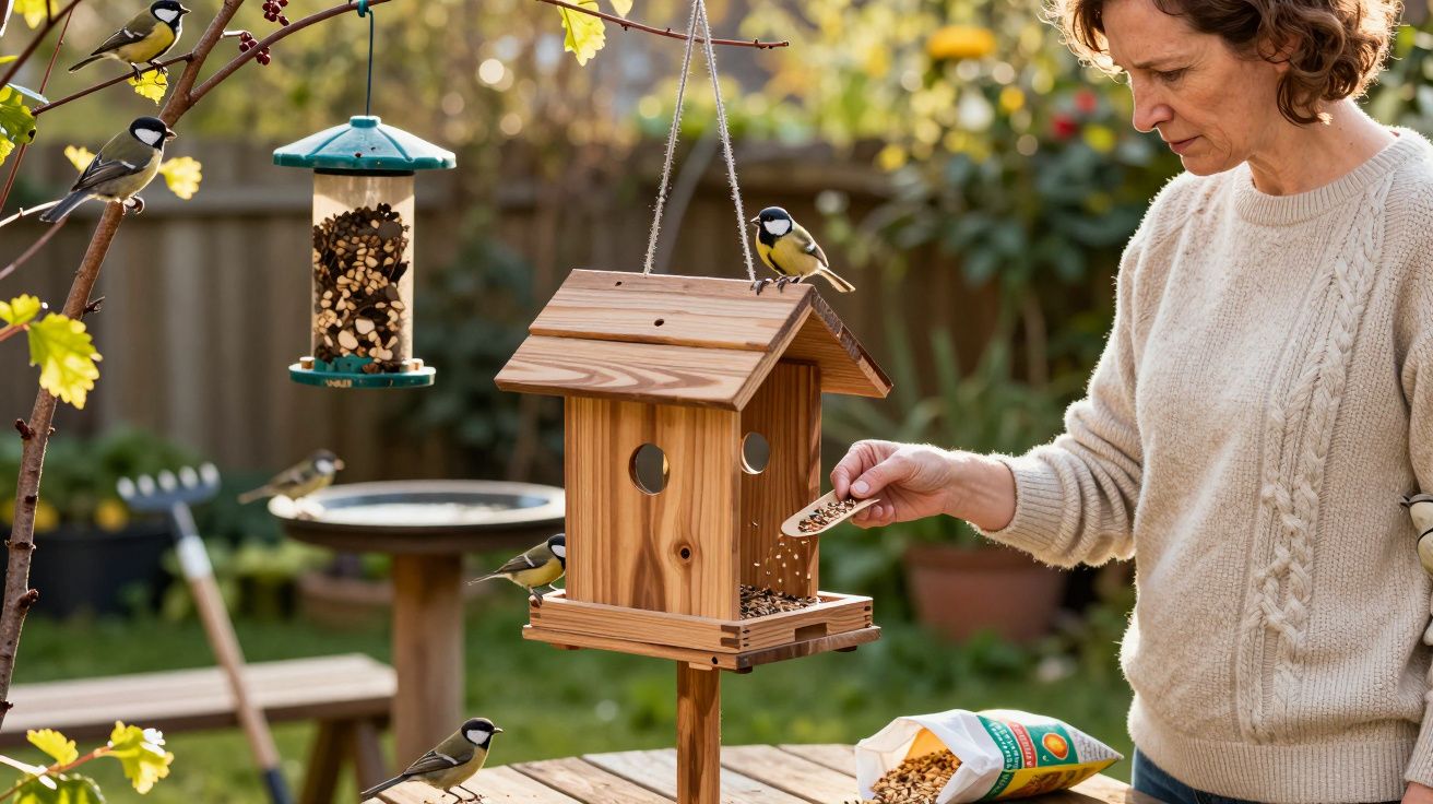 Kobieta dokarmiająca sikorki przy drewnianej karmnik i zawieszonym poidełku w ogrodzie.