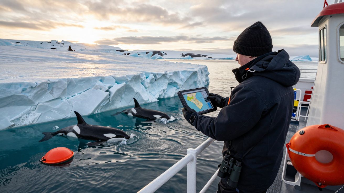 Osoba na statku obserwująca trzy orki pływające obok lodowej krawędzi w zimowej scenerii.