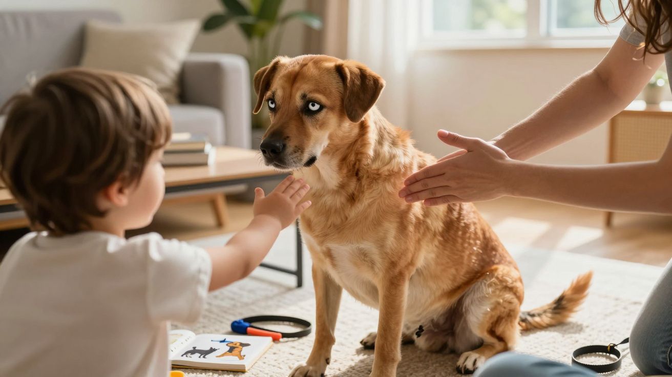 Dziecko i dorosła osoba próbują pogłaskać ostrożnego psa o jasnobrązowej sierści w salonie.
