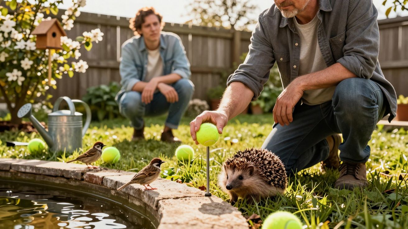 Mężczyzna i nastolatek obserwują jeża i ptaki przy oczku wodnym w ogrodzie pełnym piłek tenisowych.