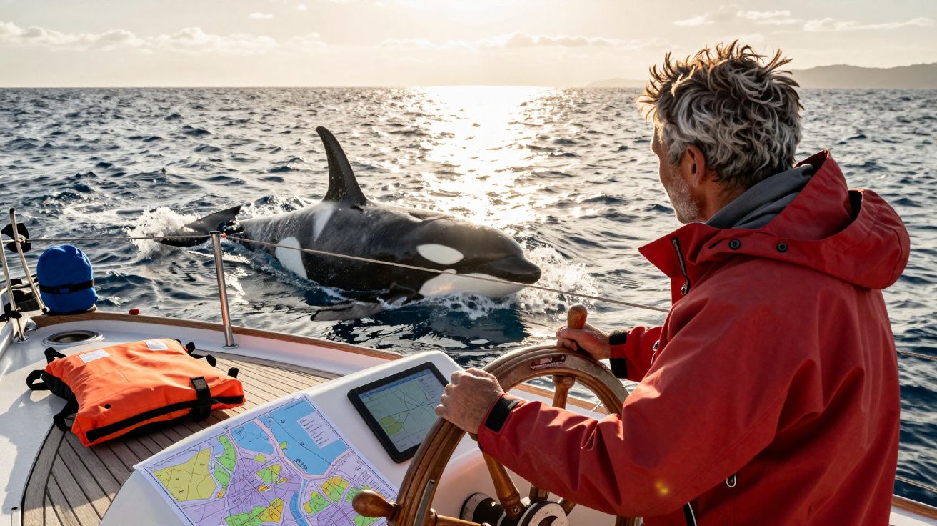 Mężczyzna w czerwonej kurtce steruje łodzią, obok pływa orka na tle zachodzącego słońca.