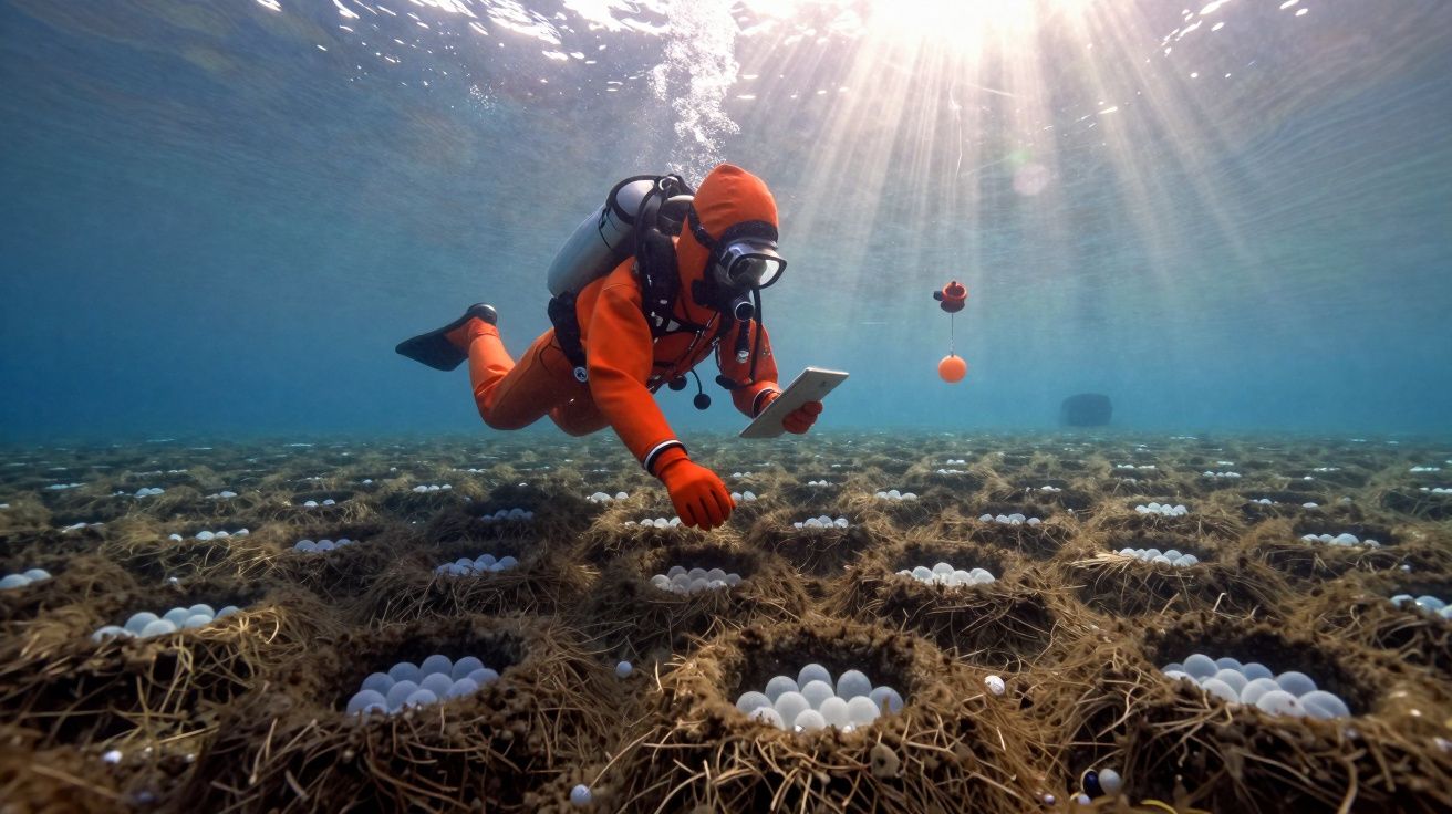 Nurek w pomarańczowym kombinezonie bada podwodne zbiory białych jaj ułożonych w gniazdach.