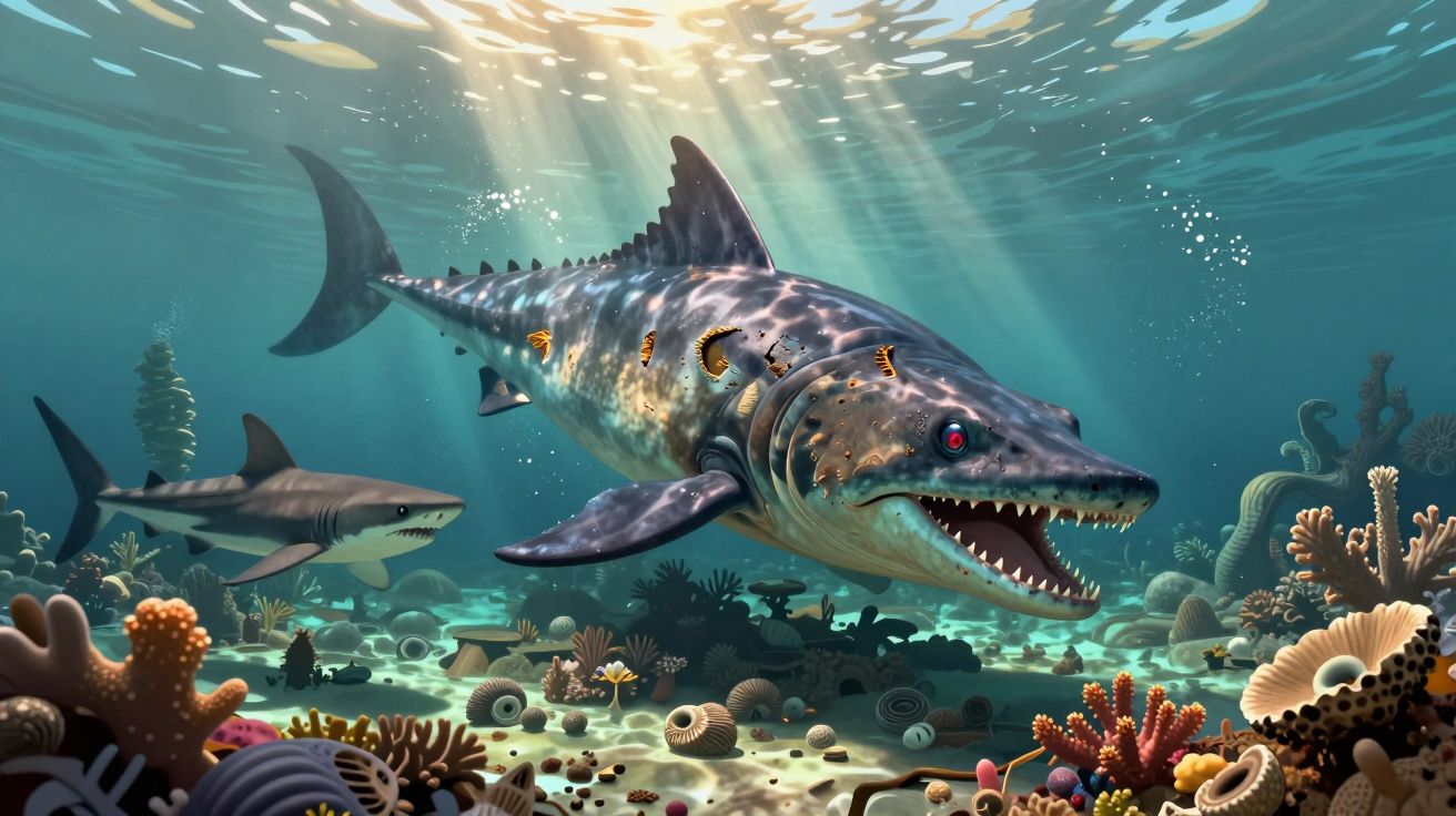 Prehistoryczna ryba z zębami, pływająca pod wodą wśród raf koralowych i rekin w tle.