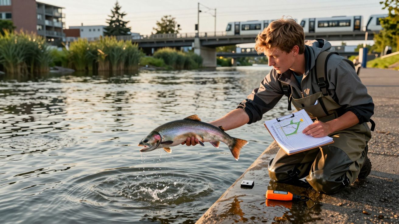 Młody mężczyzna trzyma rybę nad wodą, robi pomiary na brzegu z notatnikiem i sprzętem.