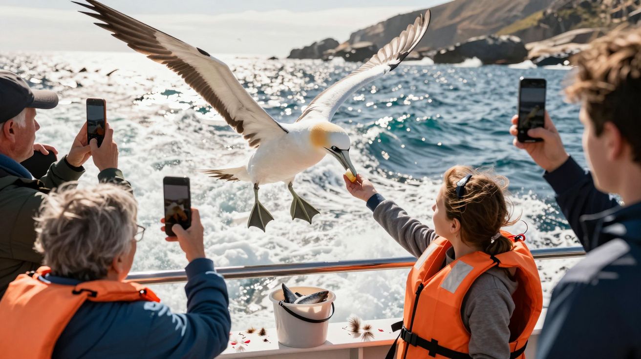 Osoba na statku karmi ptaka, inni robią zdjęcia, w tle wzburzone morze i skaliste wybrzeże.