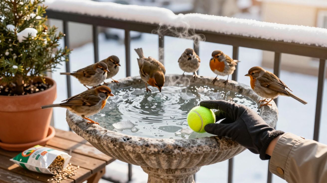 Ptaki piją wodę z ocieplonej fontanny na śnieżnym balkonie, obok ręka trzyma tenisową piłkę.