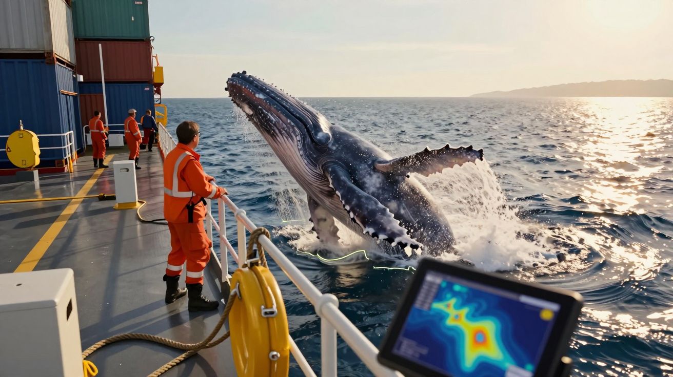 Płetwal błękitny wyskakuje z morza obok statku z załogą w pomarańczowych kombinezonach.