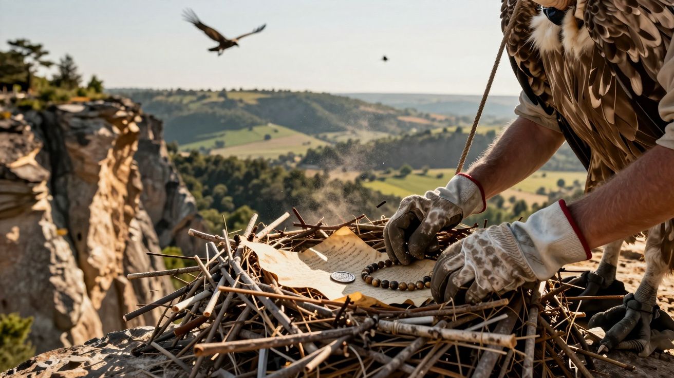 Ornitolog w rękawicach bada gniazdo ptaków drapieżnych na skale z widokiem na dolinę.