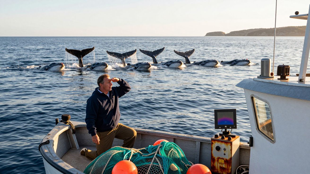 Mężczyzna na łodzi obserwujący płetwy siedmiu wielorybów wynurzających się z morza przy brzegu.