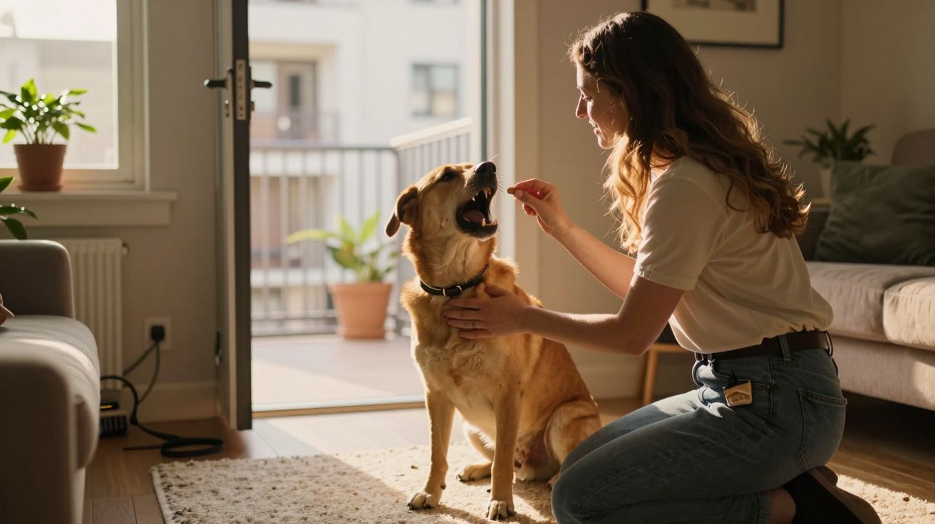 Kobieta klęczy przy psie w salonie, podając mu smakołyk, światło dzienne przez otwarte drzwi balkonowe.