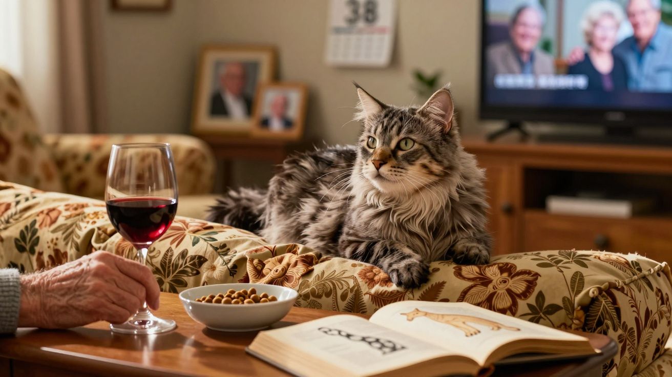 Kot leżący na fotelu obok filiżanki z winem, miseczki z orzeszkami i otwartej książki.