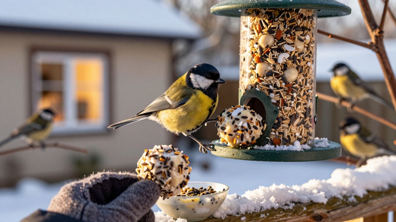 Sikorka na karmniku z ziarnami zimą, ręka trzymająca kulę z nasionami w rękawiczce.