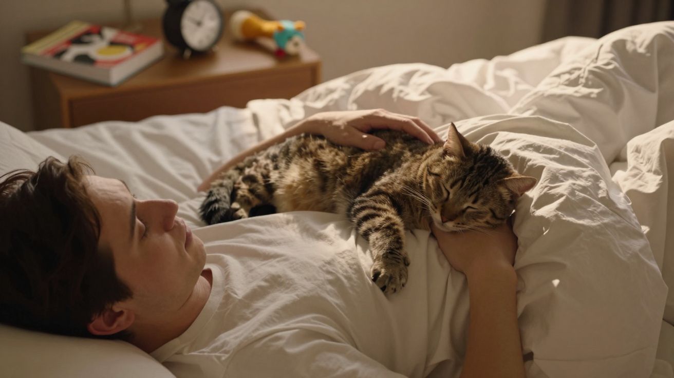 Mężczyzna leży w łóżku, trzyma na klatce piersiowej śpiącego pręgowanego kota.