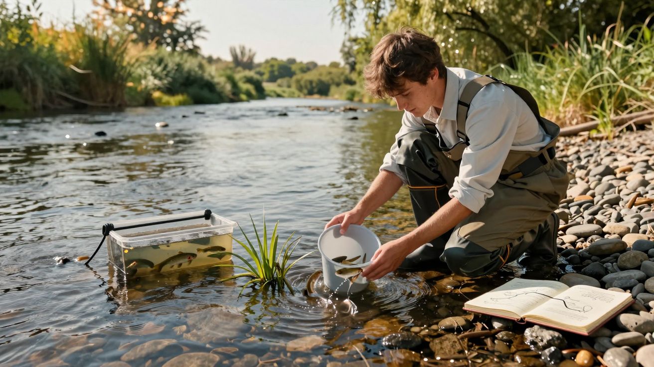Młody naukowiec wypuszcza ryby z wiadra do rzeki podczas badań przyrodniczych nad wodą.