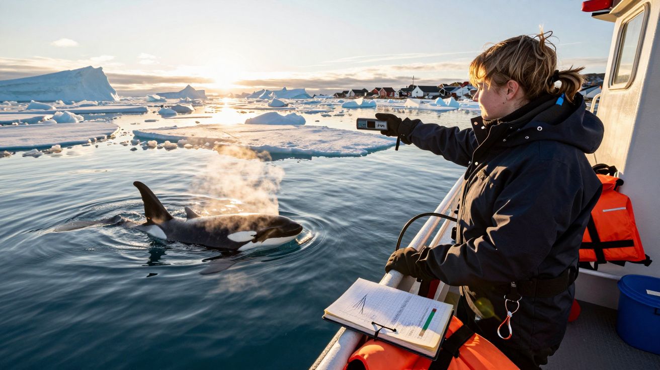 Naukowiec na statku mierzy temperaturę powietrza nad orką wypływającą w zimnych wodach polarnych.