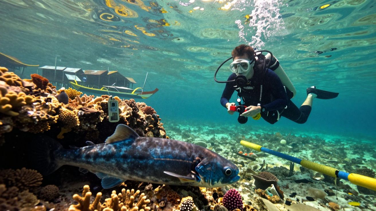 Nurek z aparatem podwodnym obok dużej ryby i kolorowych koralowców na dnie morza.