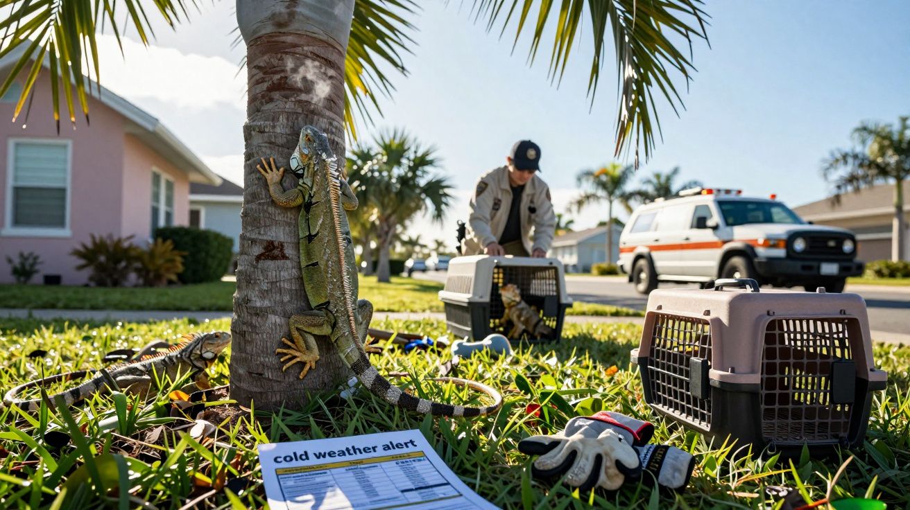 Iguany na trawie przy palmie, w tle ratownik i pojazd ratunkowy na osiedlu mieszkaniowym.