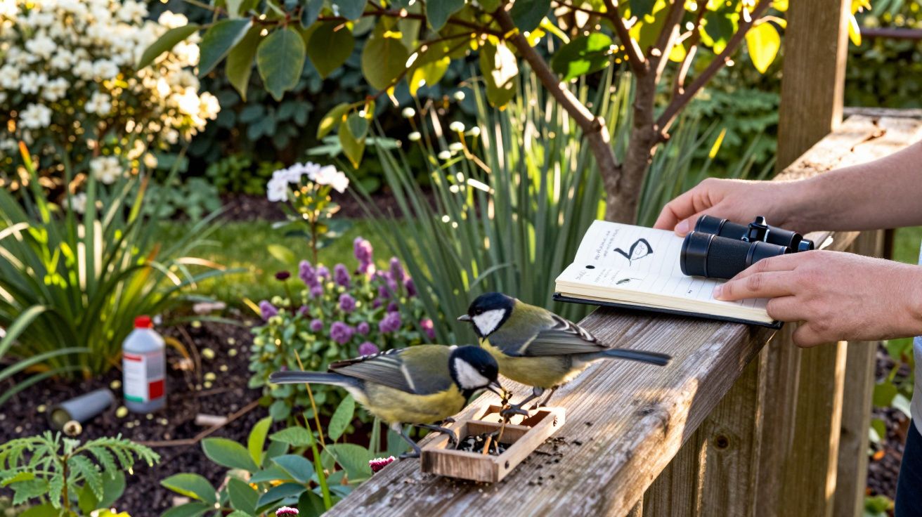 Dwie sikorki jedzą nasiona na drewnianej poręczy, obok ręce trzymają notes i lornetkę w ogrodzie.